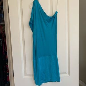Cerulean satin one shoulder dress.